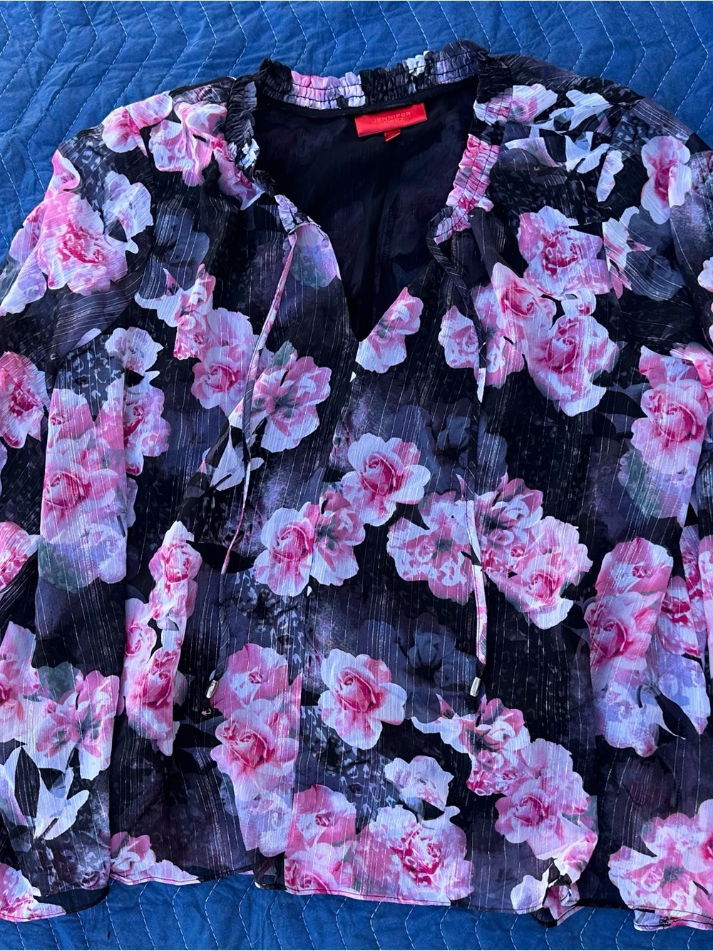 Jennifer Lopez Black Floral Pink Peasant Blouse